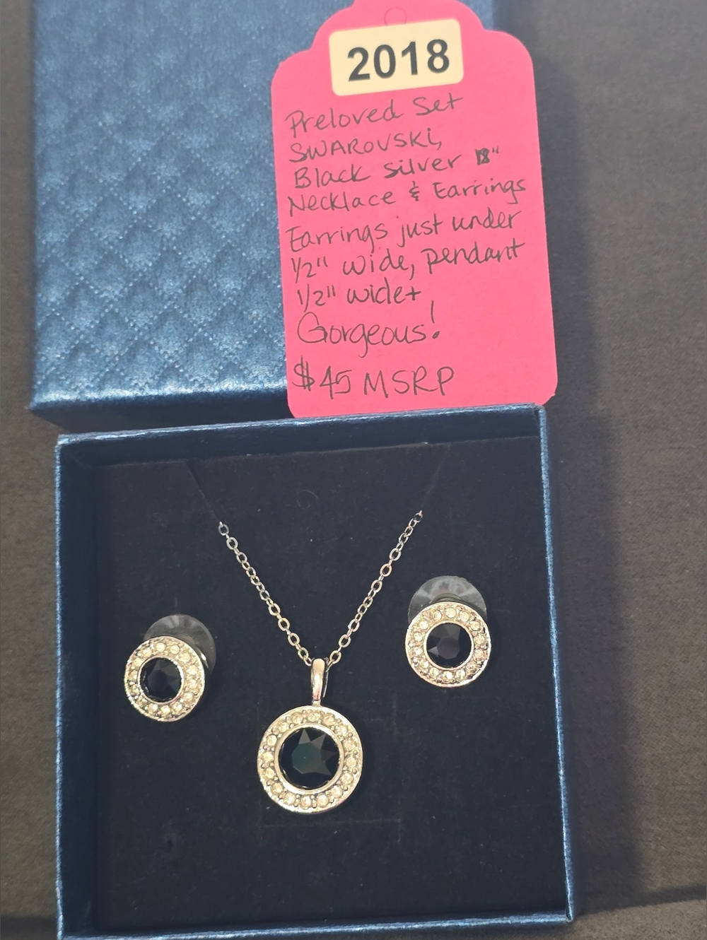 #2018 3 Pc SWAROVSKI SET: SILVER, Blk, Crystal, Stud Earrings & 18"Necklace - Picture 1 of 15